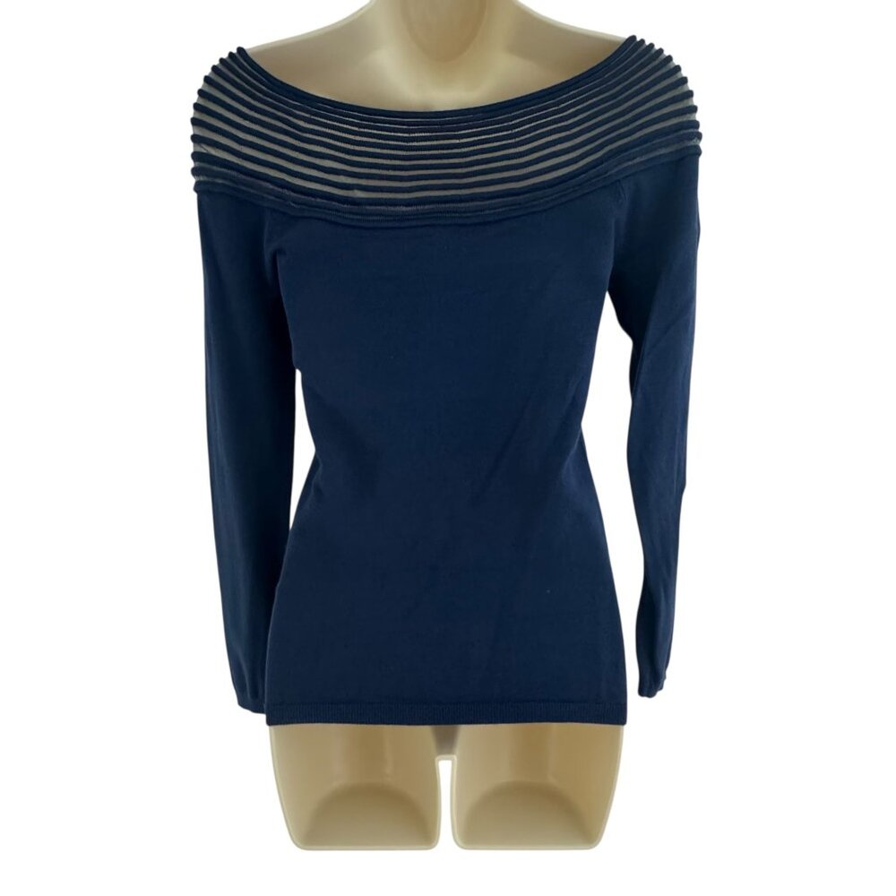 Boston Proper Navy Blue Embellished Illusion Soft Knit Sweater Top Shirt Size XS - Picture 5 of 10